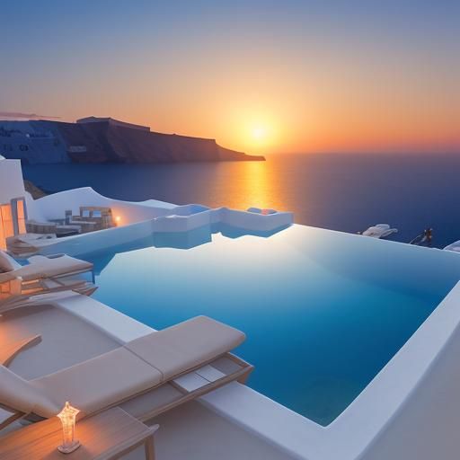 Infinity Pool Overlooking Kamari Beach at Sunset