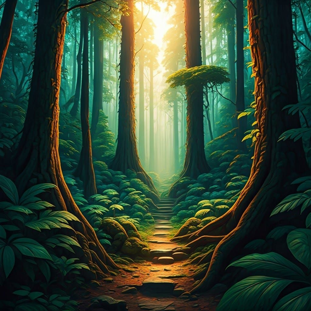 Ethereal Forest with Emerald Light, Fantasy Landscape