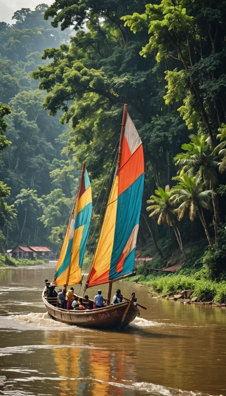 Ornate Boats Sail Down Tranquil River