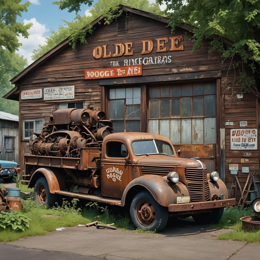Rusty Dodge Tow Truck at Abandoned Garage