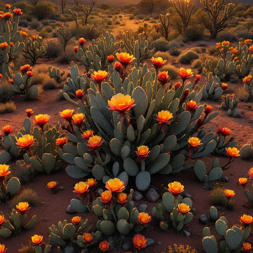 Texas Sunset with Prickly Pear Cactus in Matte Painting