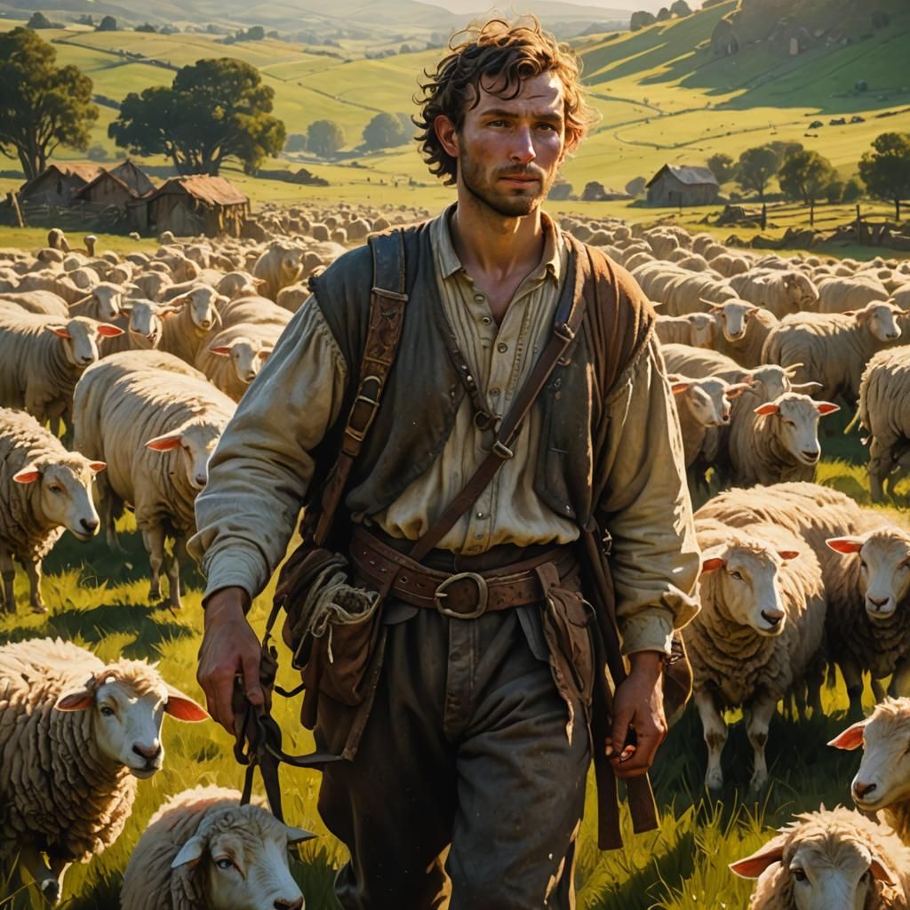 Shepherd in Sunlit Meadow: Hyperrealistic Concept Art