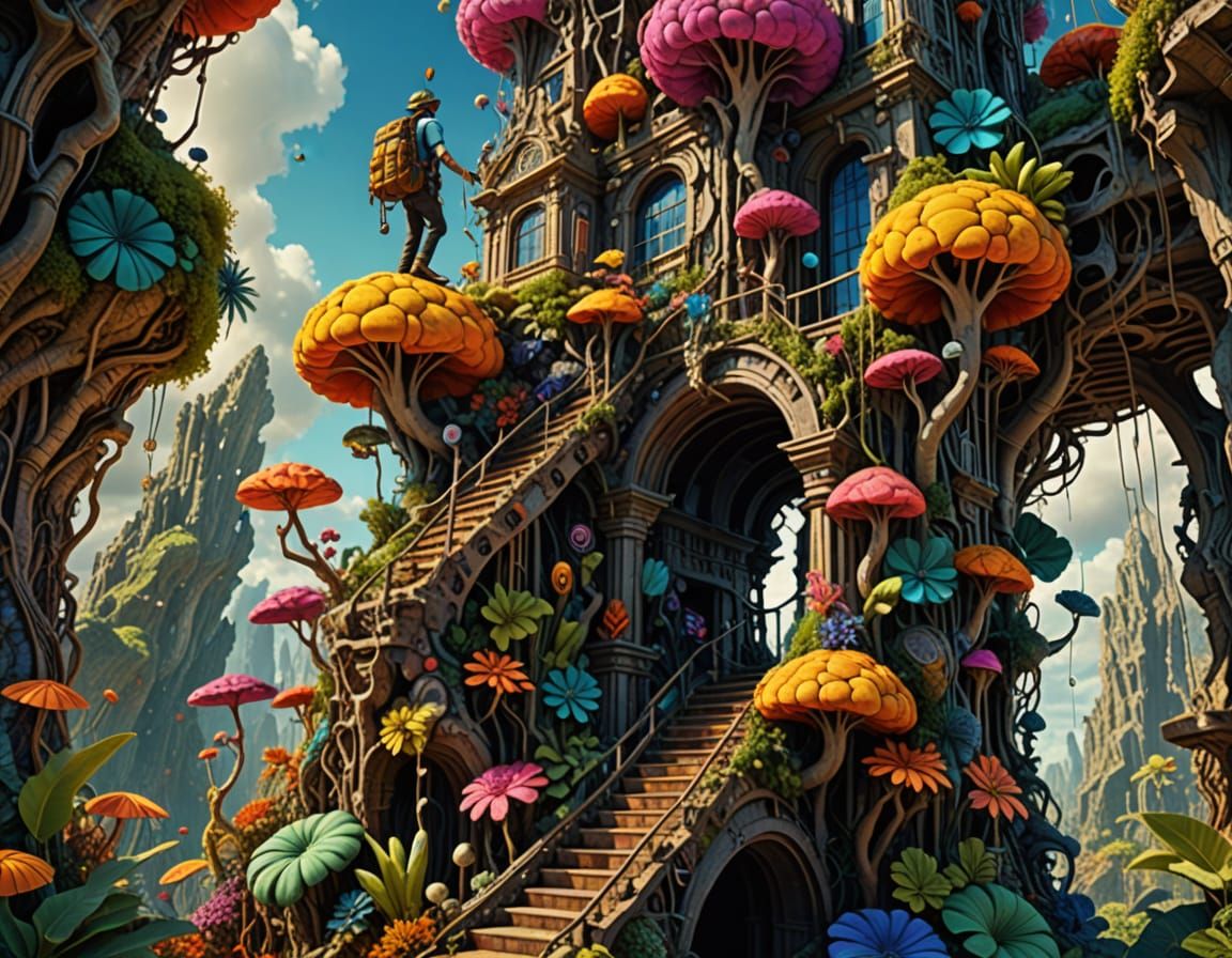 Whimsical Character's Journey in a Surreal Collage