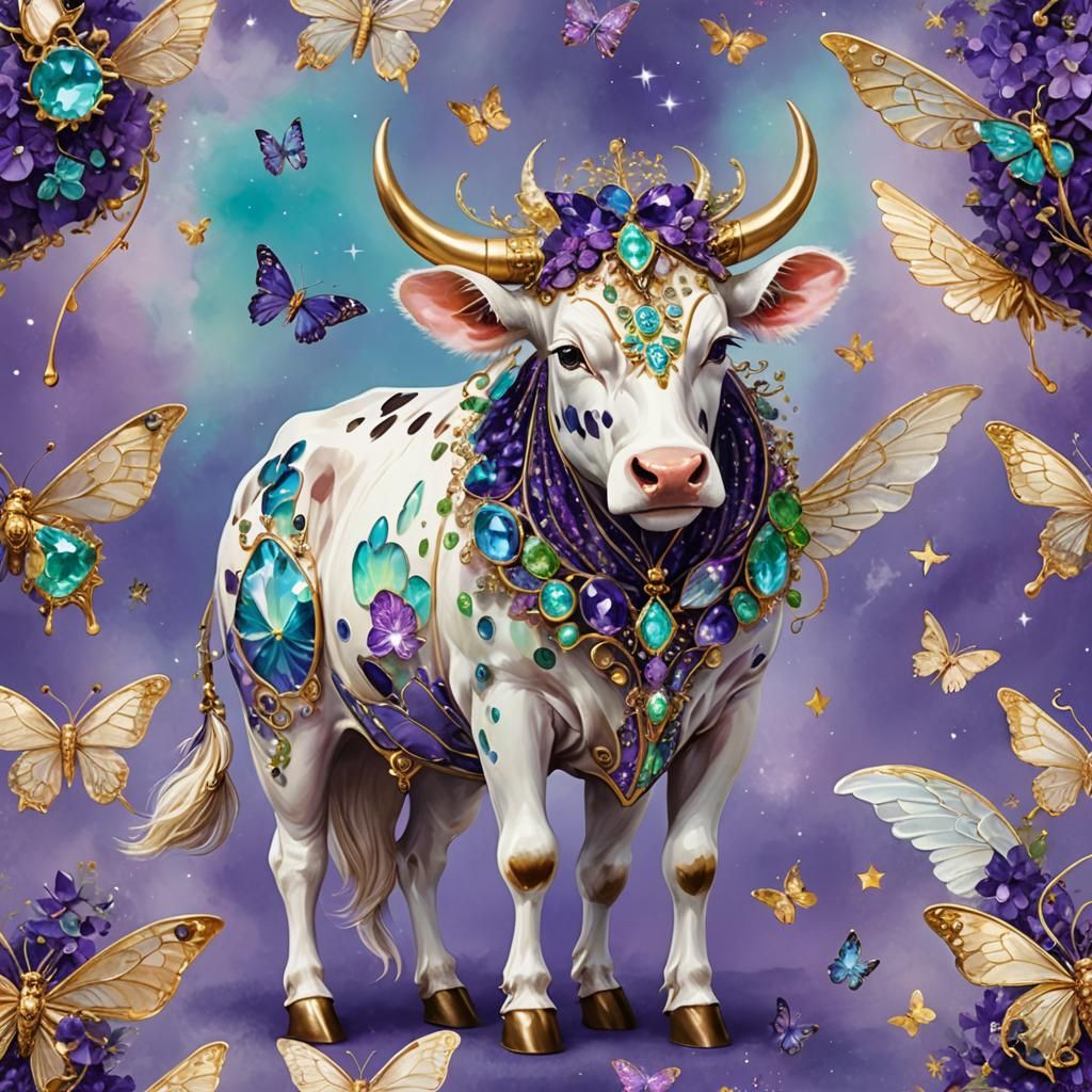 Fantastical Cow with Shimmering Fur in Magical Forest