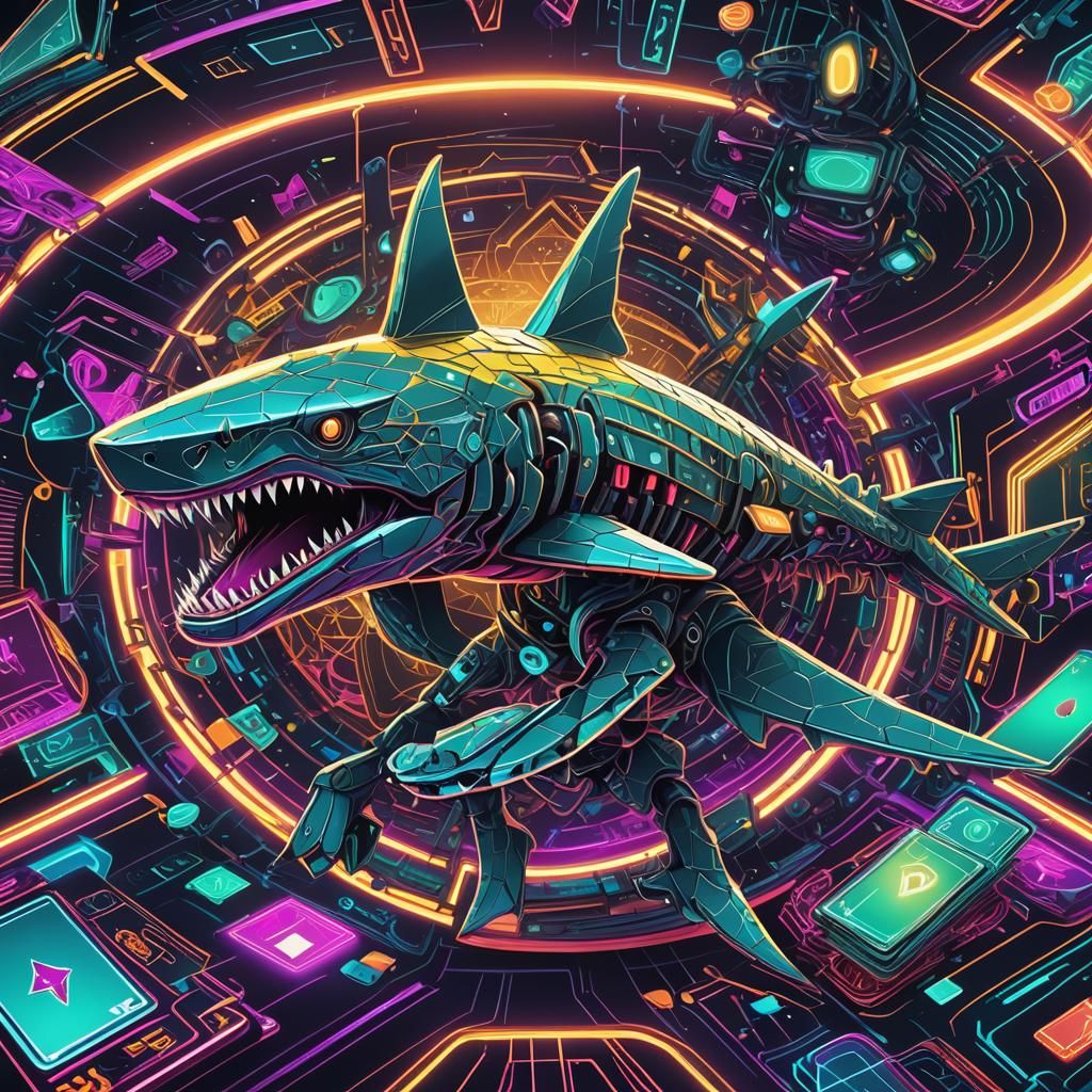 Futuristic Robot Shark Plays Poker in Cyberpunk Style