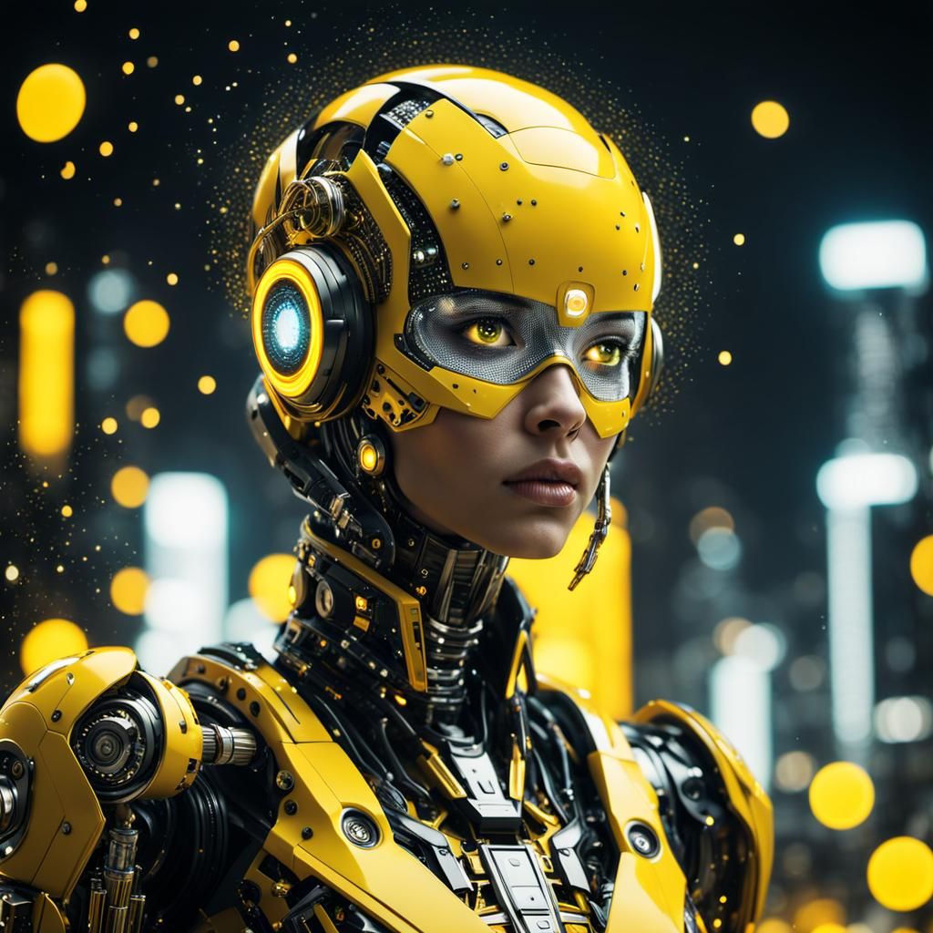 Stunning Yellow Cyborg Woman in Futuristic City