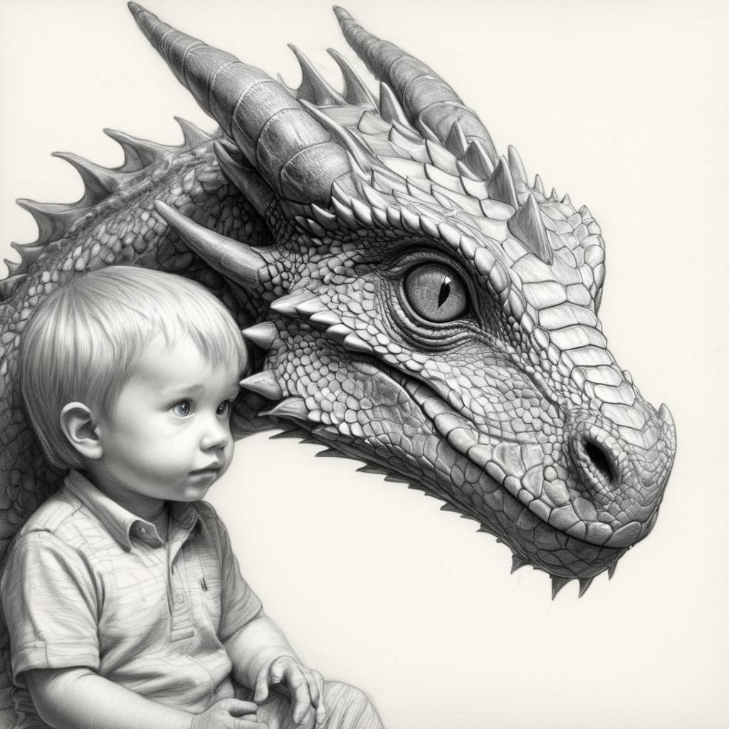 Baby Dragon Inspects Toddler: Detailed Pencil Sketch