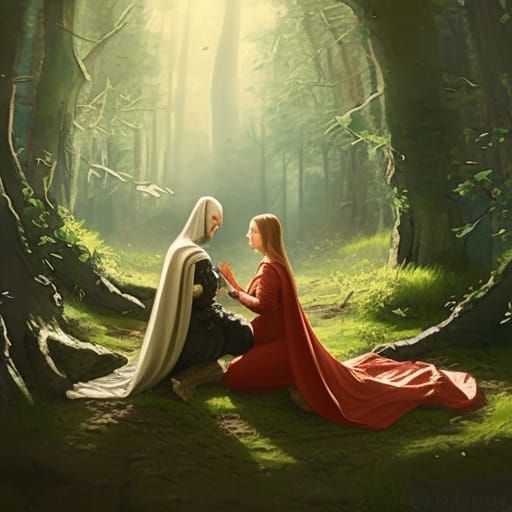 Medieval Knight and Woman Praying, Dark Fantasy Art
