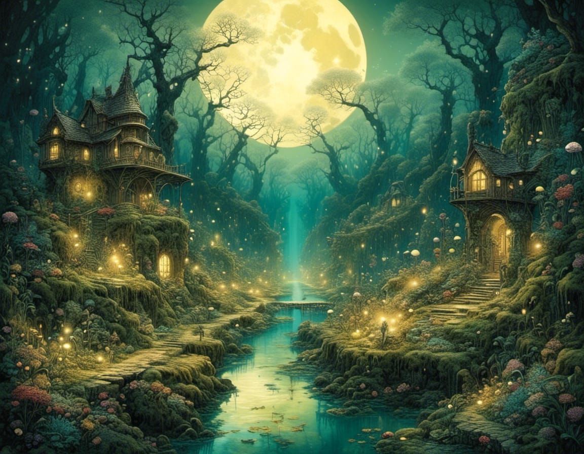 Moonlit Surreal Landscape in Dark Surrealism Style