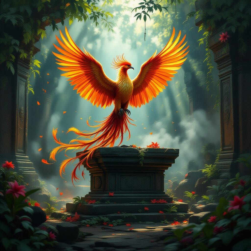 Golden Phoenix on Ancient Jungle Temple Altar