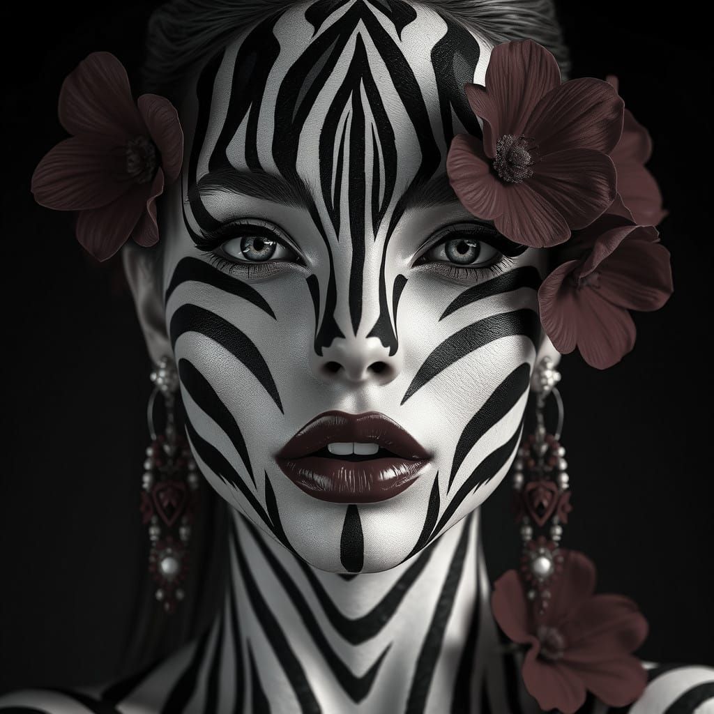 Zebra Woman Portrait with Red Lips, Hyperdetailed Art