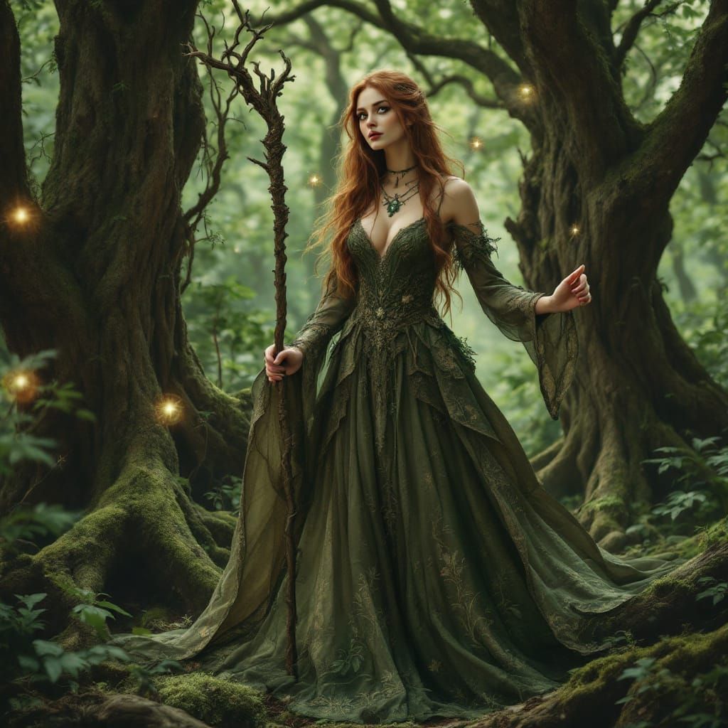 Mystical Sorceress in Emerald Forest