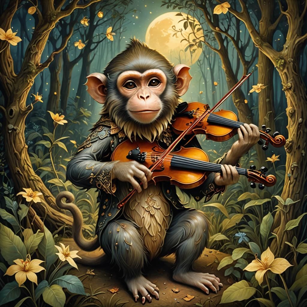 Monkey Bard's Moonlit Fiddle Serenade in Folk Art