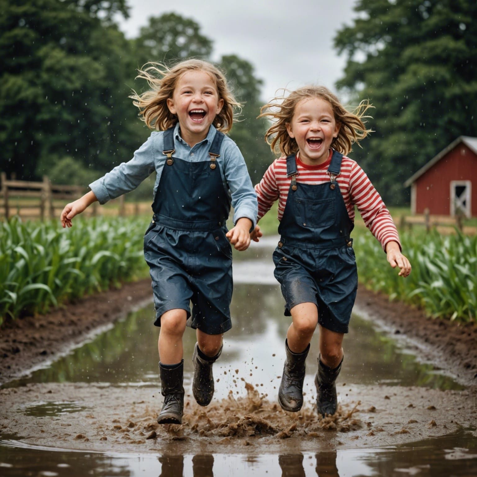 Jumping in muddy puddles on the farm