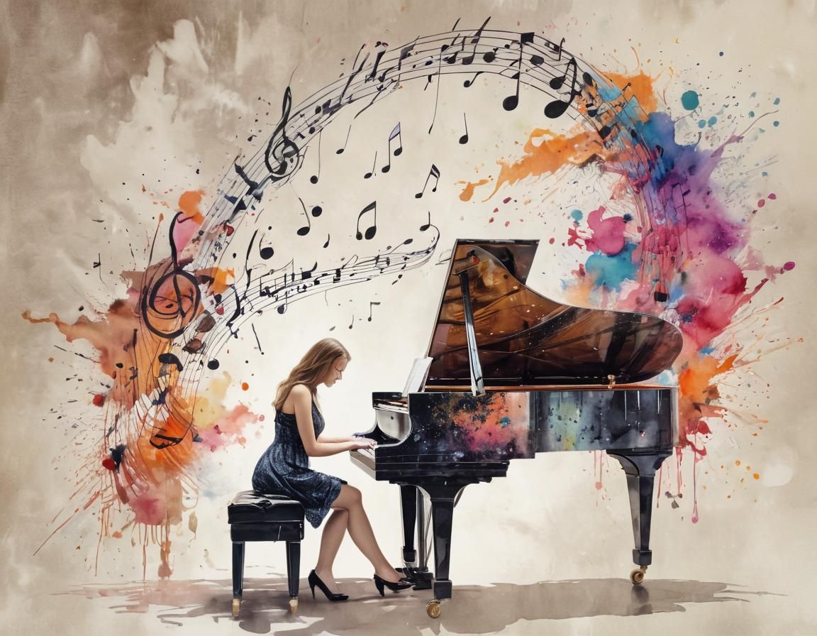 Pianist Surrounded by Music Notes in Watercolor Style