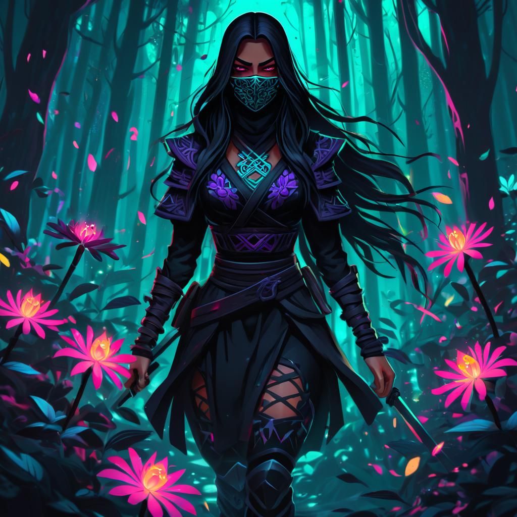 Mesoamerican Ninja Witch in Neon Forest