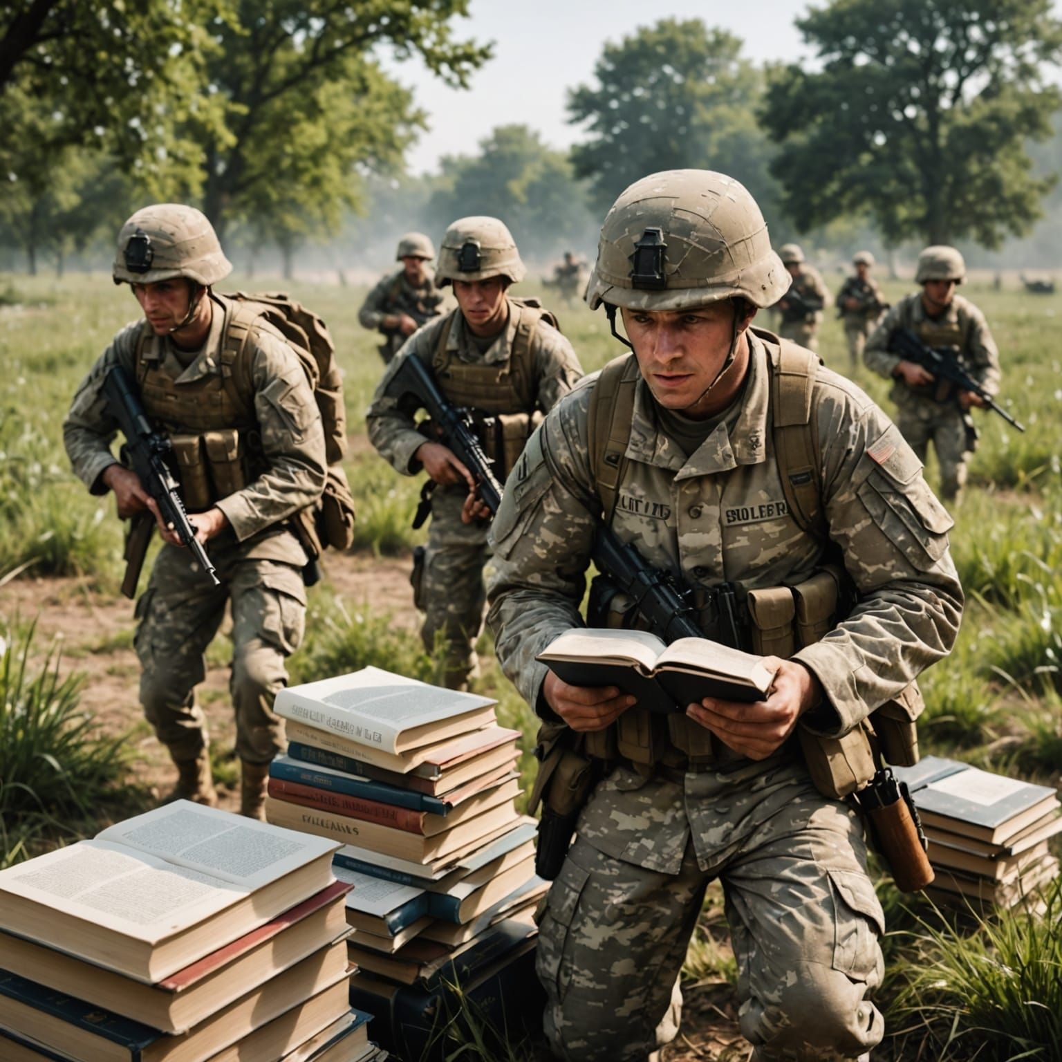 Soldiers Battle with Books on a Dramatic Battlefield
