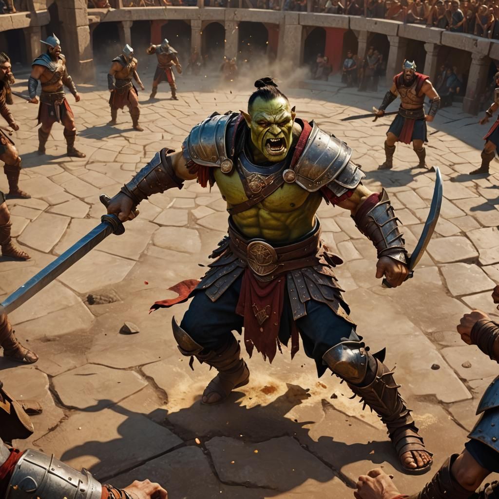 Half-Orc Gladiator in Arena: Hyperrealistic Splash Art