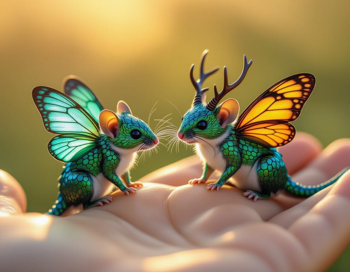 Tiny Dragon-Mice with Butterfly Wings in Golden Hour