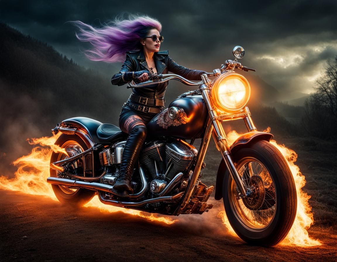 Witch Ghost Rider on Motorcycle in Gothic Punk Style