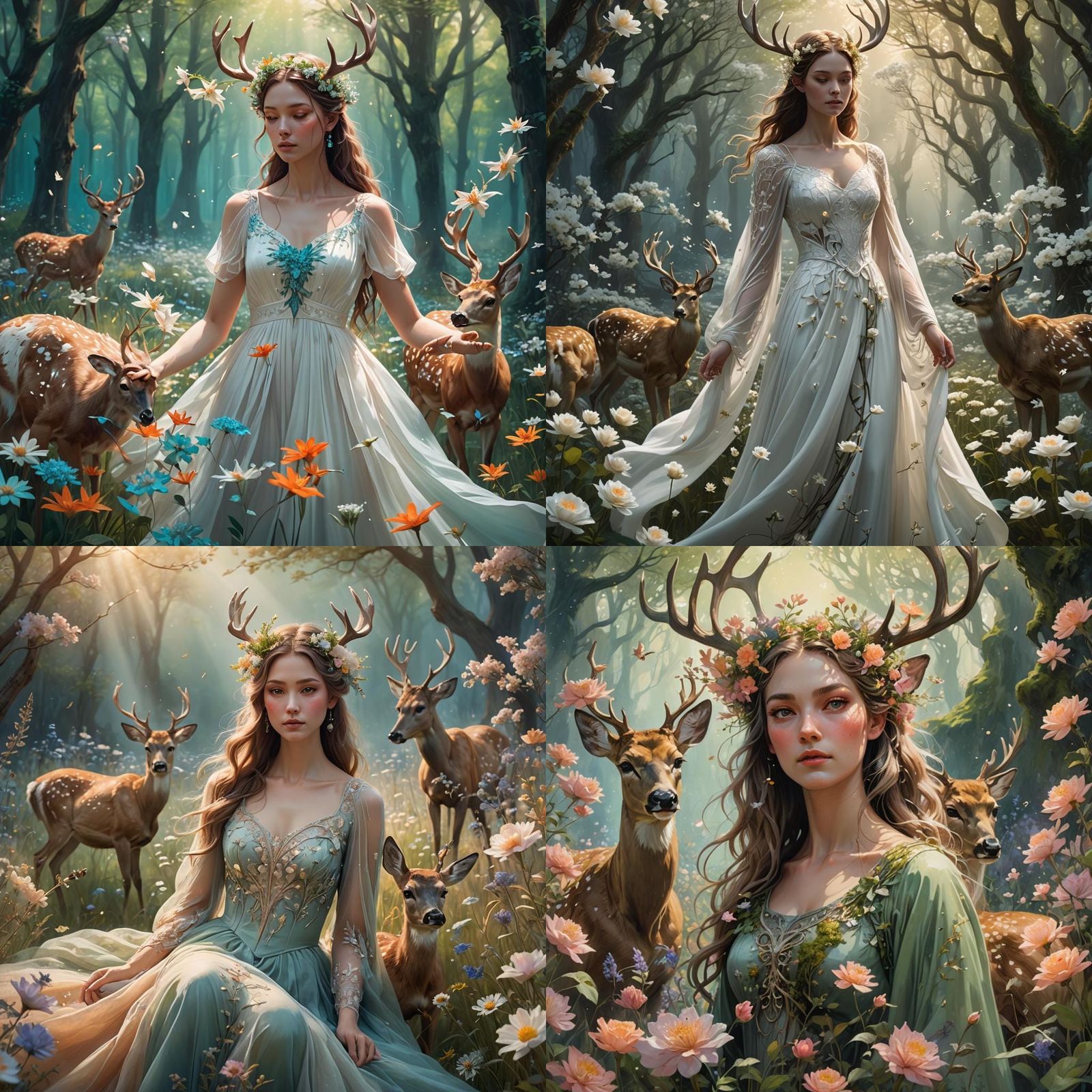 Fantasy Woman with Flowers and Deer, Digital Art