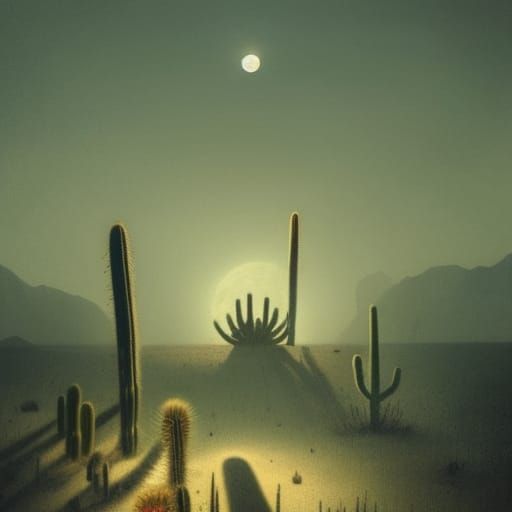 Eerie nighttime desert scene. Shadows. Cactus. Looming moon. Blithe spirit, barely visible.