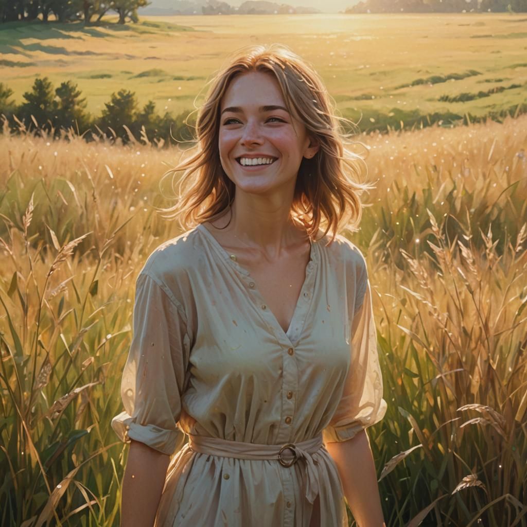 Woman in Sunny Meadow Oil Painting