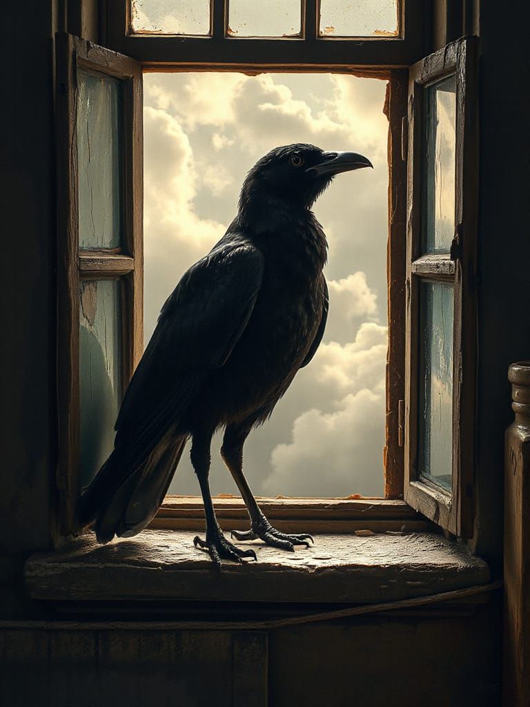 Majestic Bird on a Weathered Windowsill, Sepia Tones, Fantas...