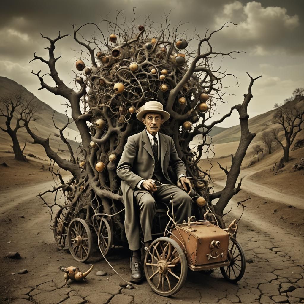 Surreal Creatures on Wheels in Dreamlike Landscape