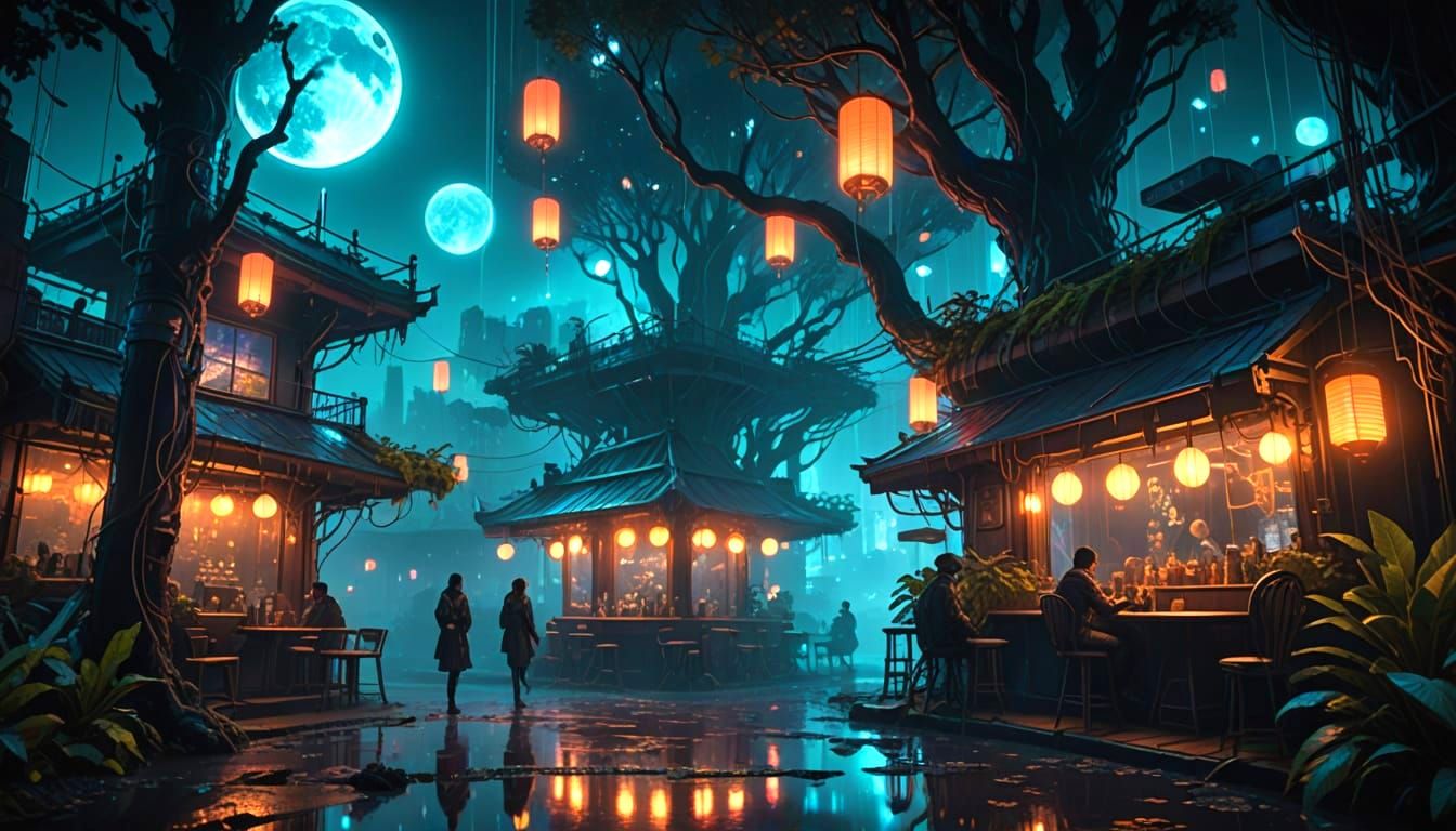 Mystical Woodland Cafe with Shadow Foxes and Holographic Moo...