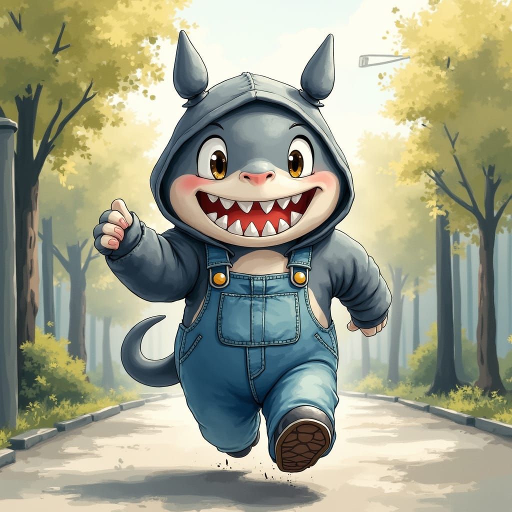 Whimsical Half Shark Half Totoro Creature Runs Late in Urban...