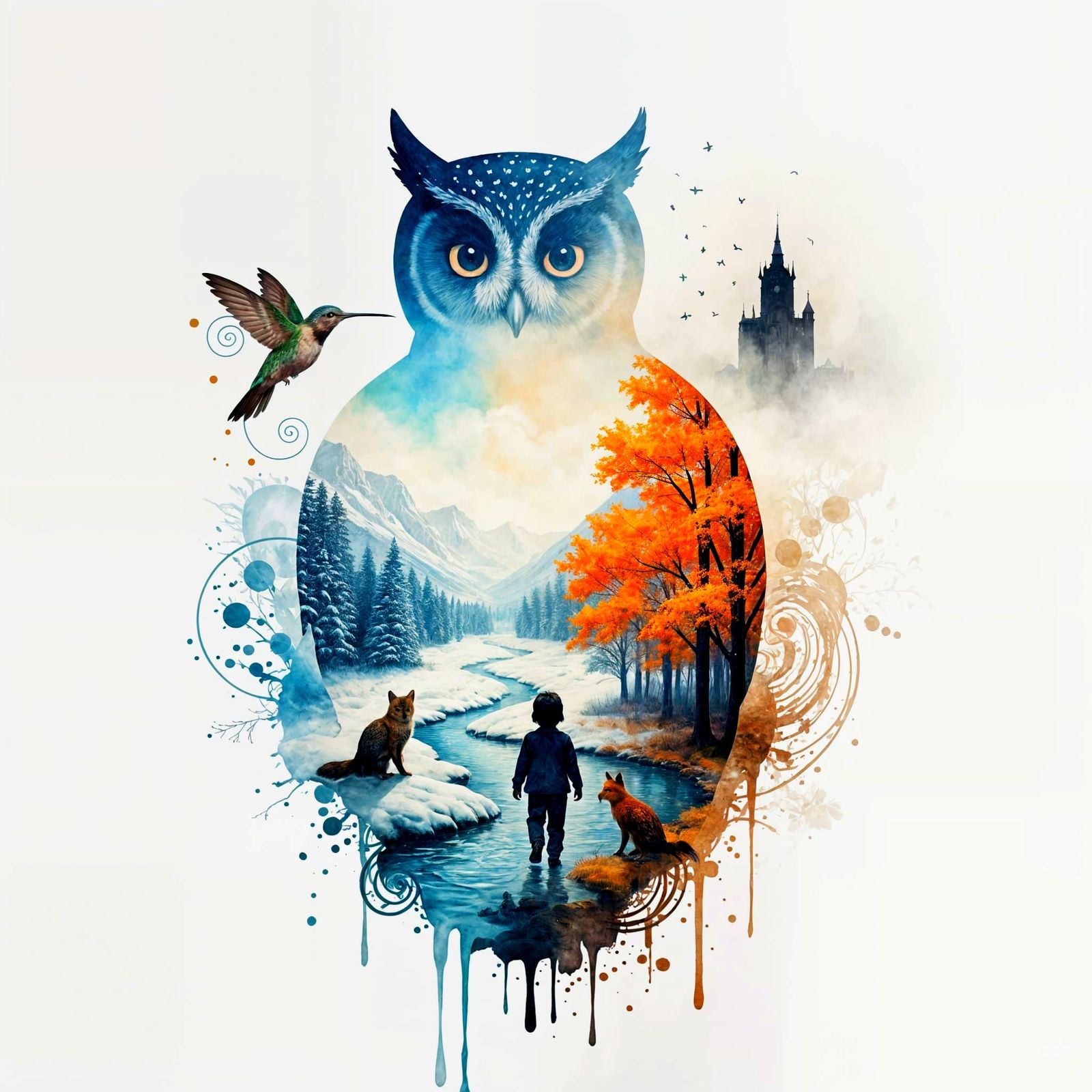 Nature and Fantasy Fusion: Owl, Child, and Landscape Waterco...