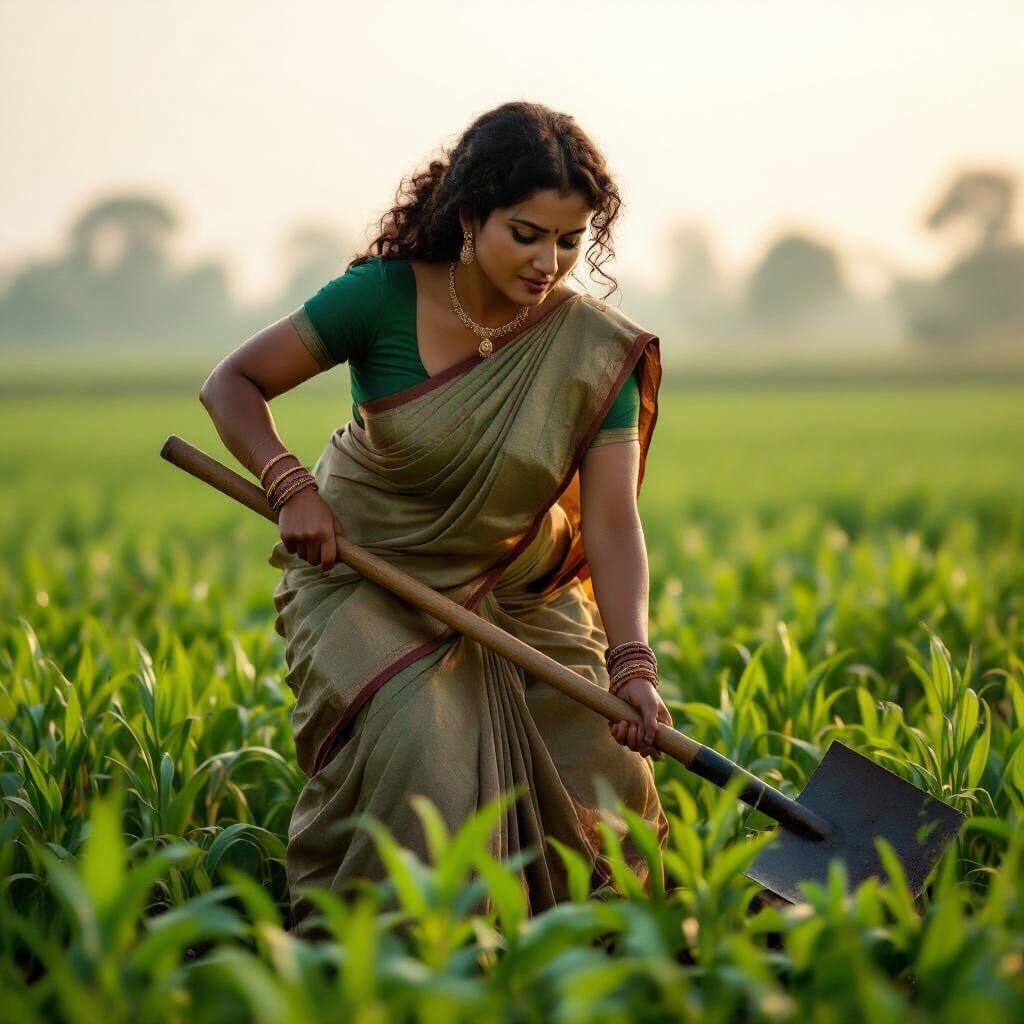 Indian Woman Working in Field at Dawn