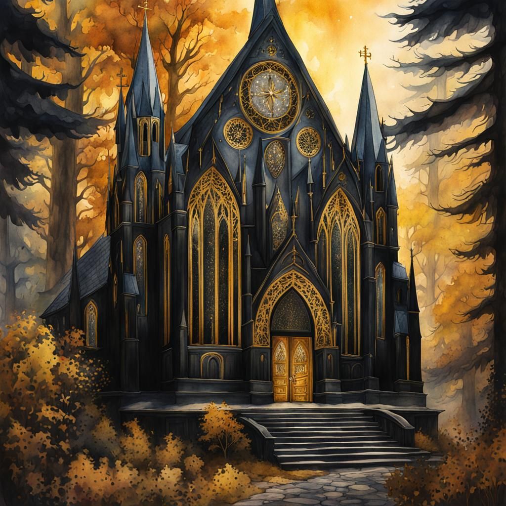 Black and Gold Cathedral in Forest: Watercolour Illustration