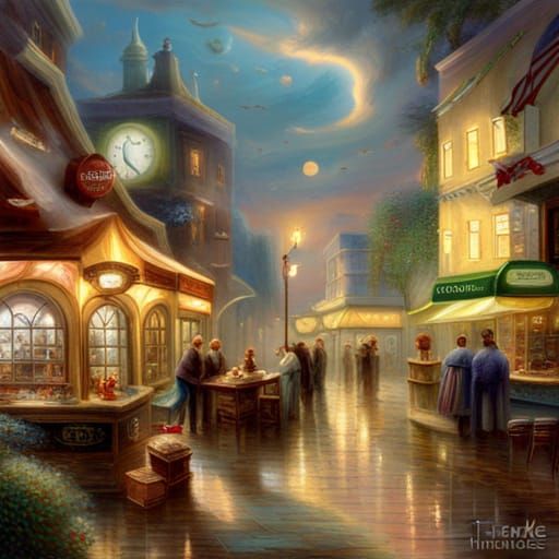 Ethereal Coffee Shop in Space: A Thomas Kinkade Dream