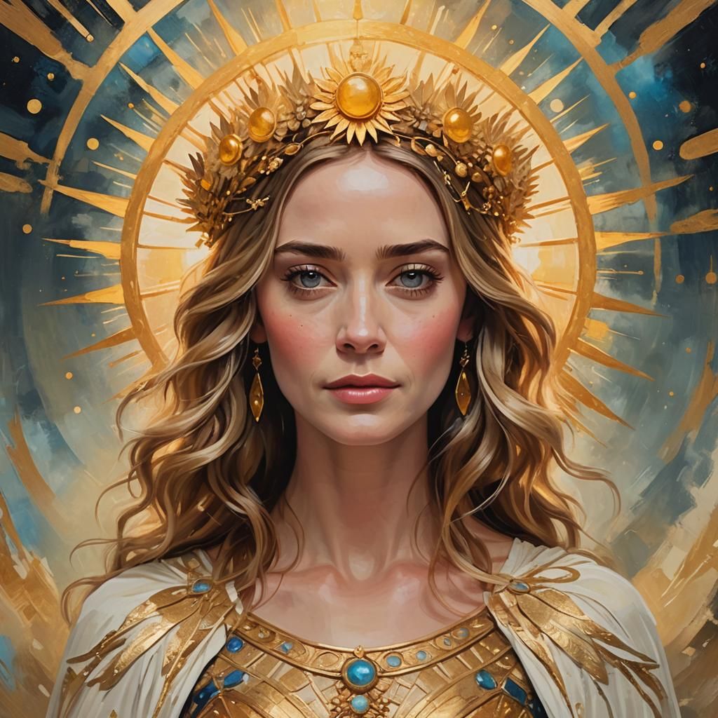 celestial sun goddess looks like Emily blunt. digital art. flat 2d animation character design. beautiful. concept art. e...