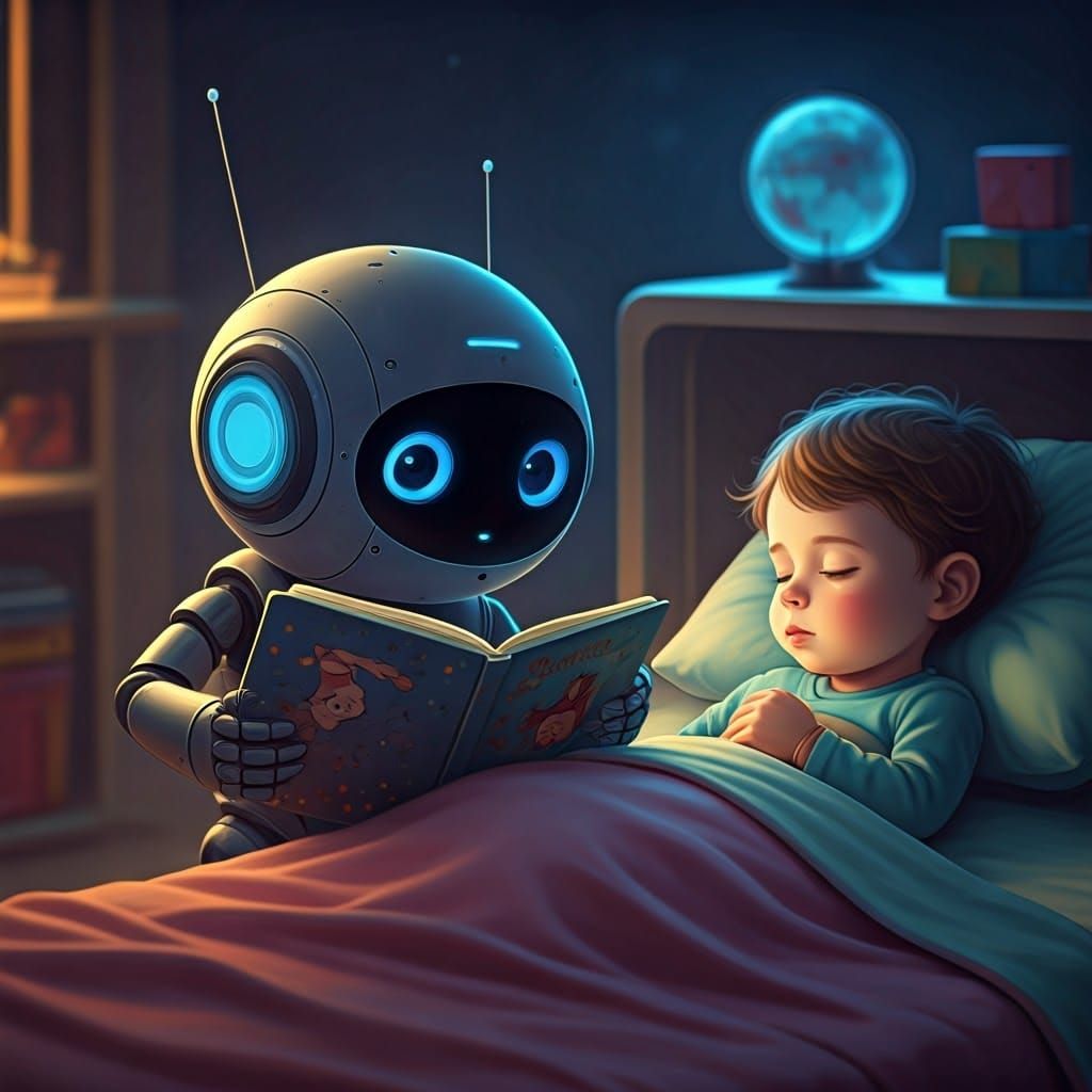 Robot Reads Bedtime Story to Toddler in Futuristic Nursery