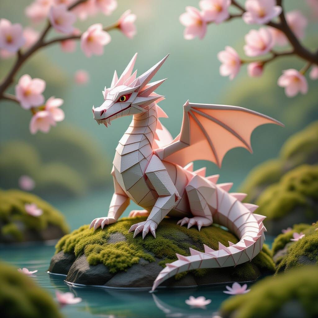Intricate Origami Dragon with Cherry Blossoms