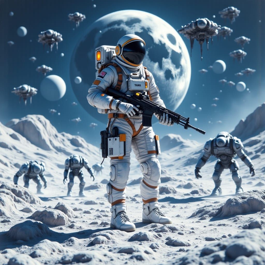 Astronaut on Moon with Aliens in Retro Sci-Fi Style