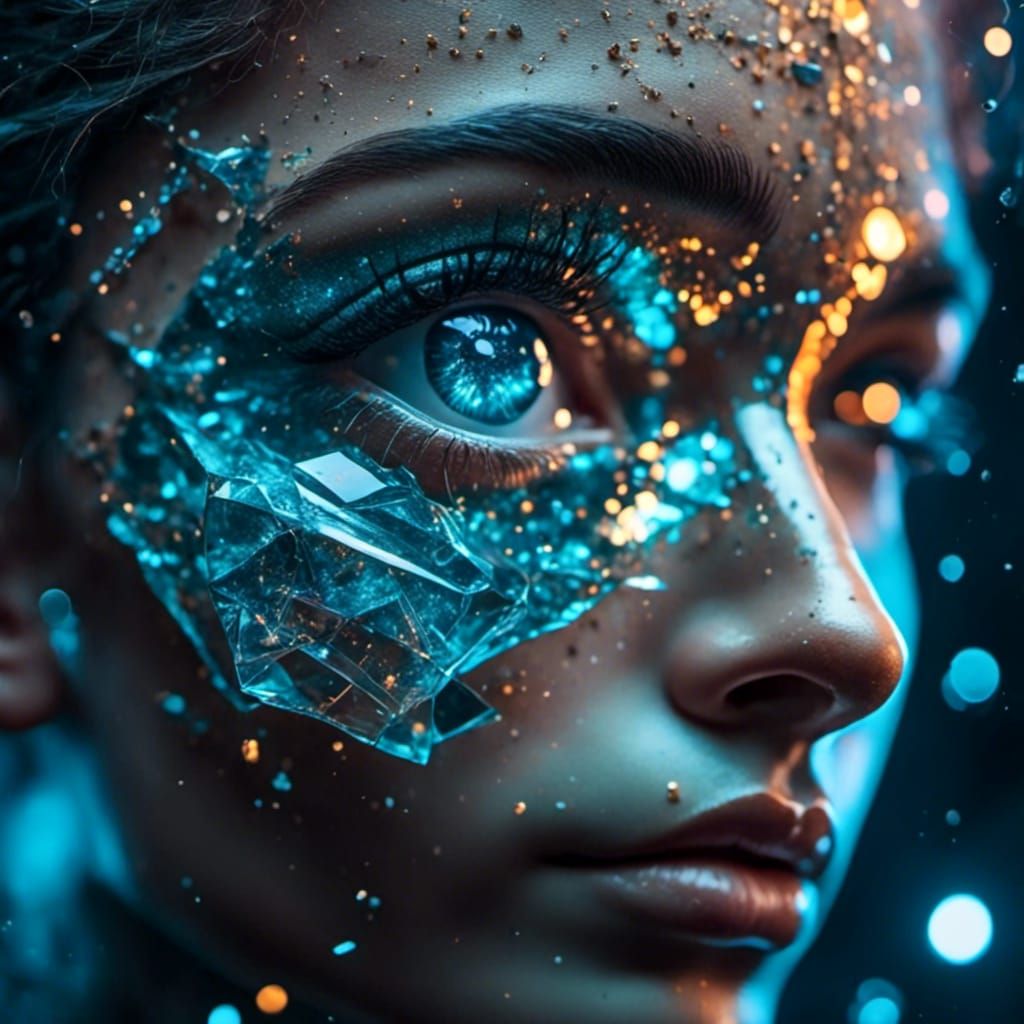 Cracked Face in Glass with Light Sparkles