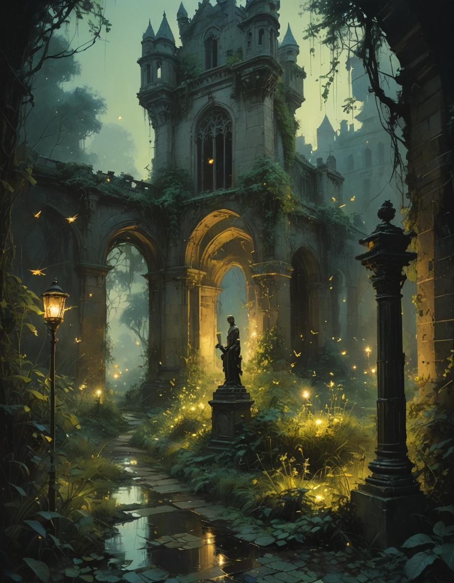 Fireflies Glow in Decayed Castle Garden