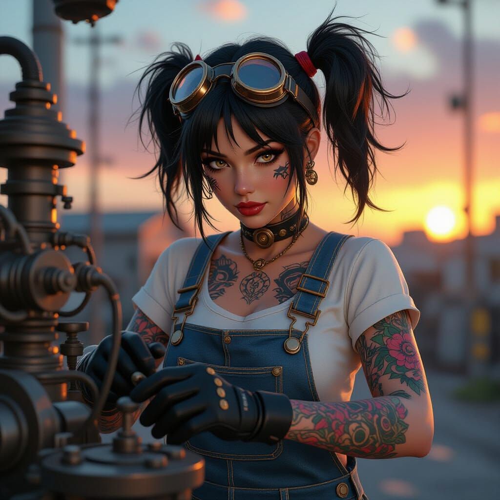 Steampunk Mechanic at Sunset in Anime Style