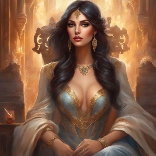 Detailed Portrait of Dark-Haired Woman on Throne