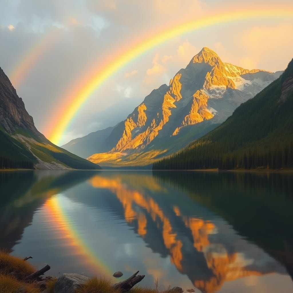 Rainbow Over Mountain Lake at Golden Hour