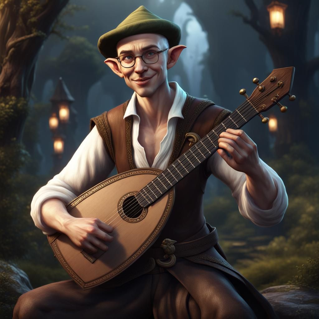 Smiling Bald Elf Bard in Detailed Matte Painting