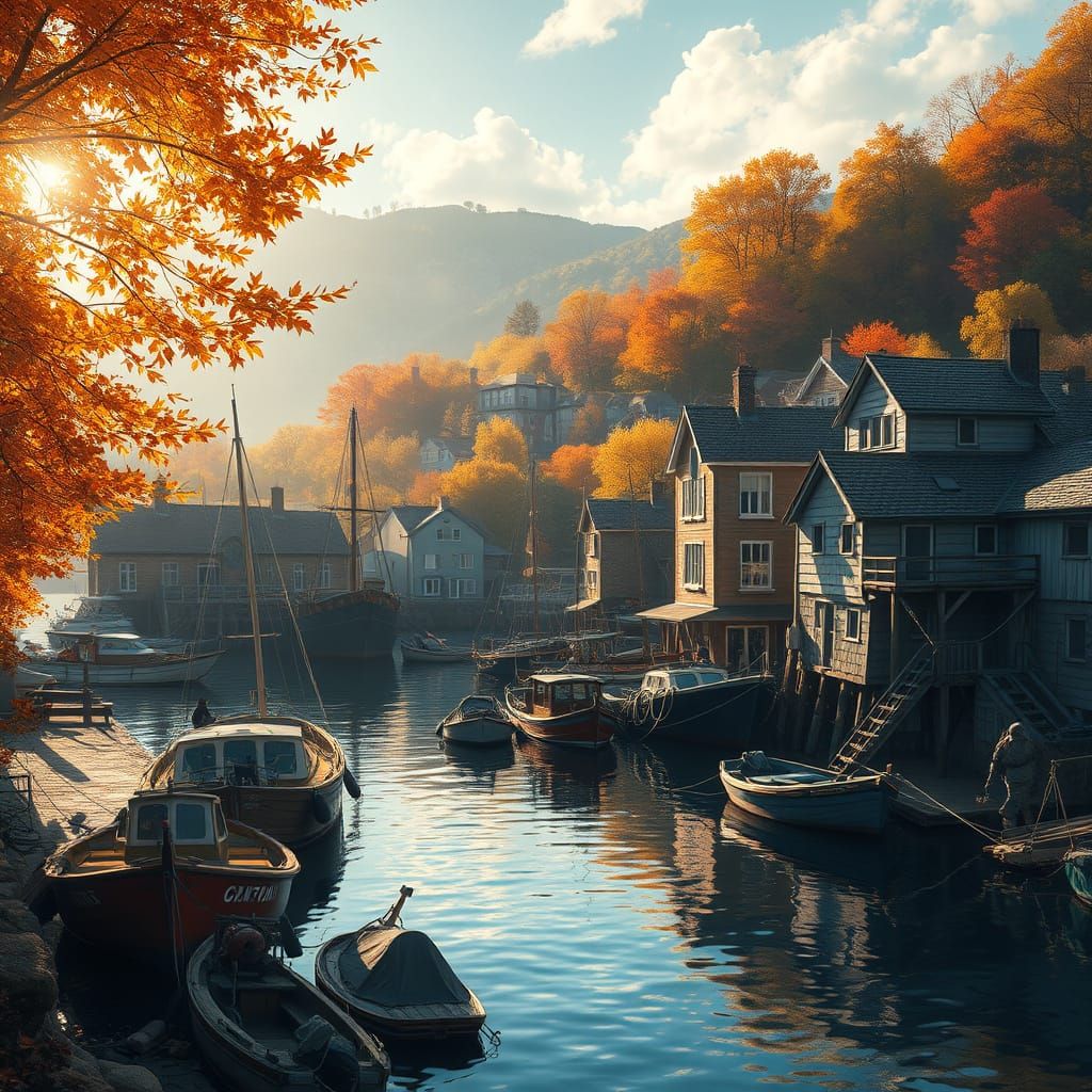 Autumn Fishing Village in Dramatic Sunlight