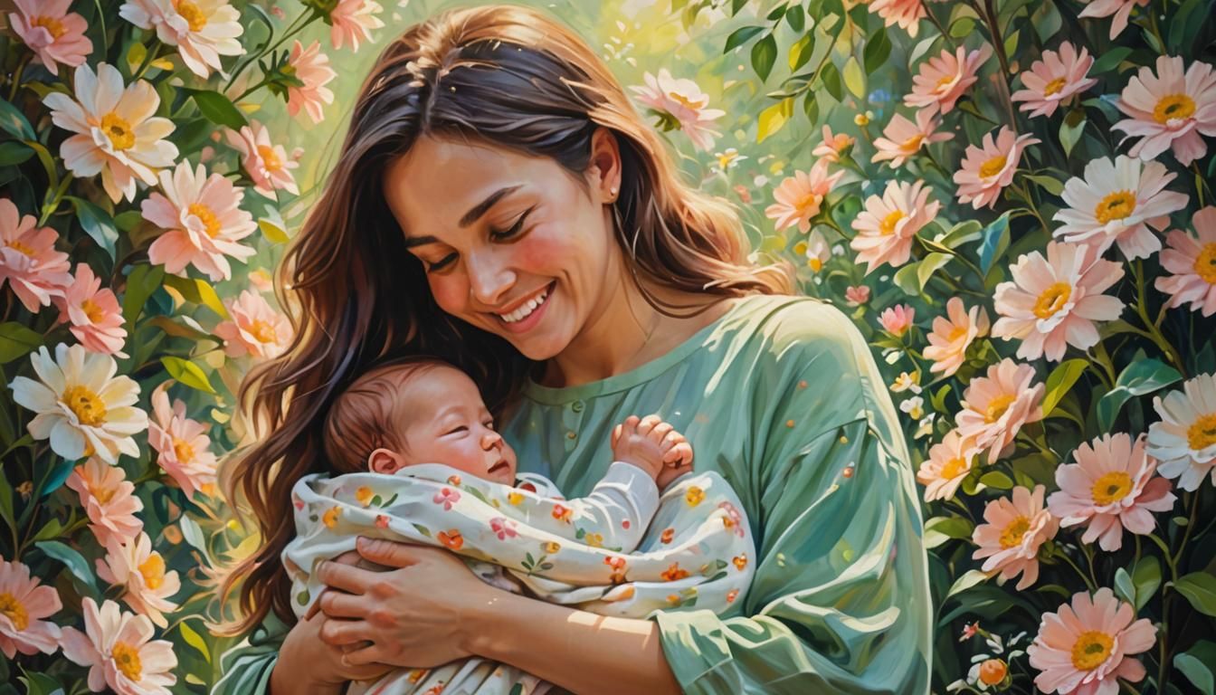 Radiant Mother and Child in Impressionist Oil Painting