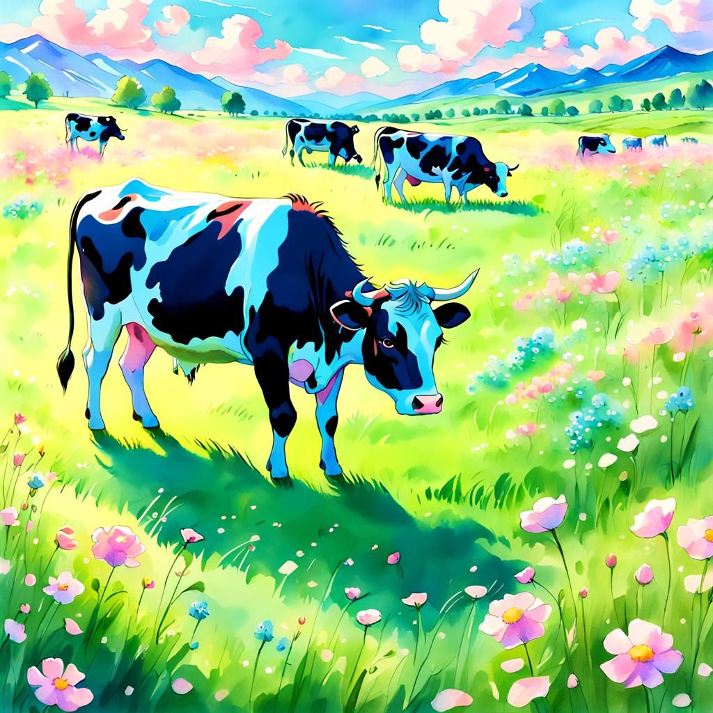 Anime Cows Grazing in Lush Wildflower Meadow