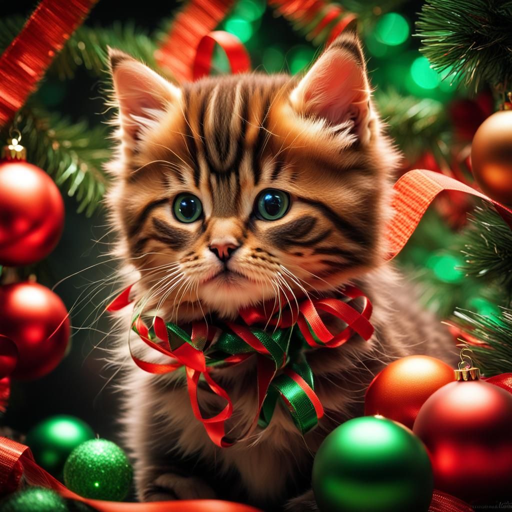 Kitten's Christmas Play: Hyperrealistic Holiday Scene