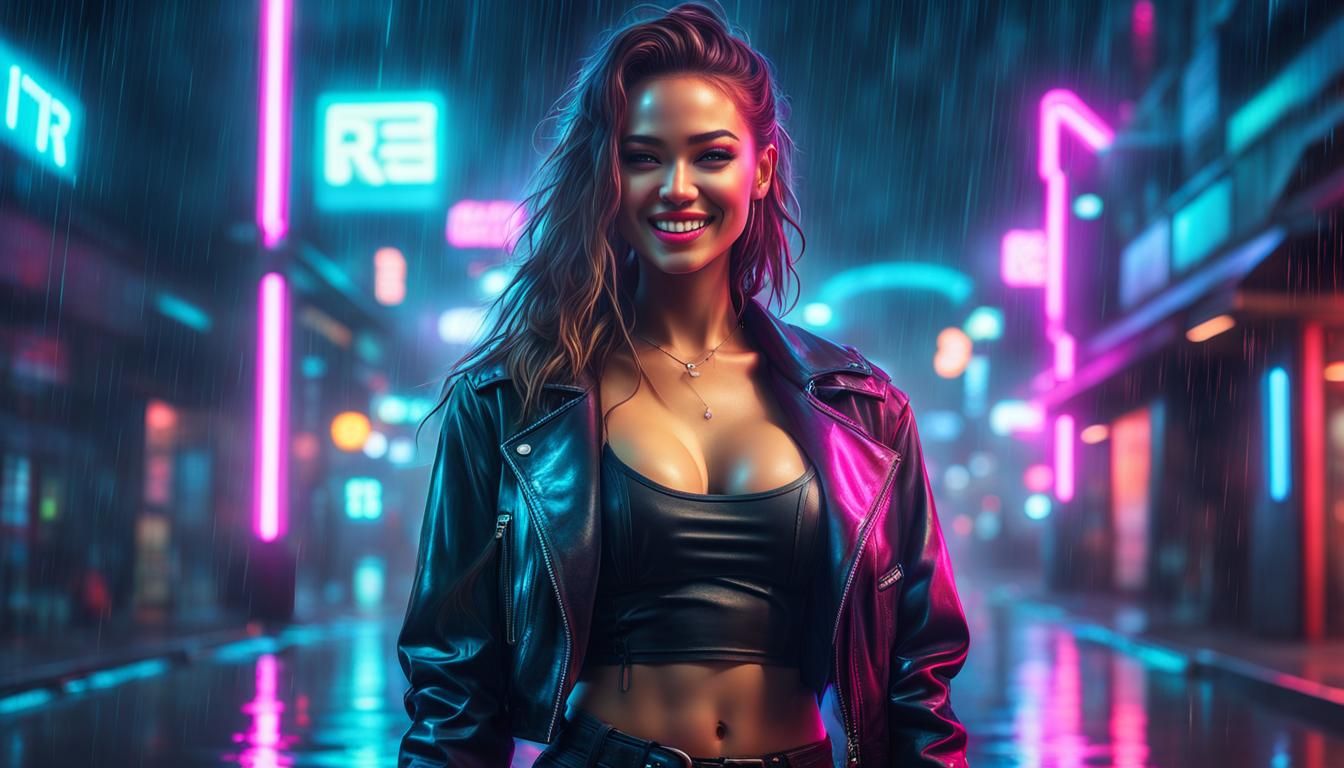 Cyberpunk Girl in Neon Rain, Realistic Digital Art
